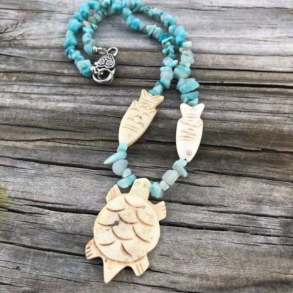 Southwestern Amazonite Gemstone Necklace Handmade Fish Pendant Silver Turtle - Picture 3 of 9